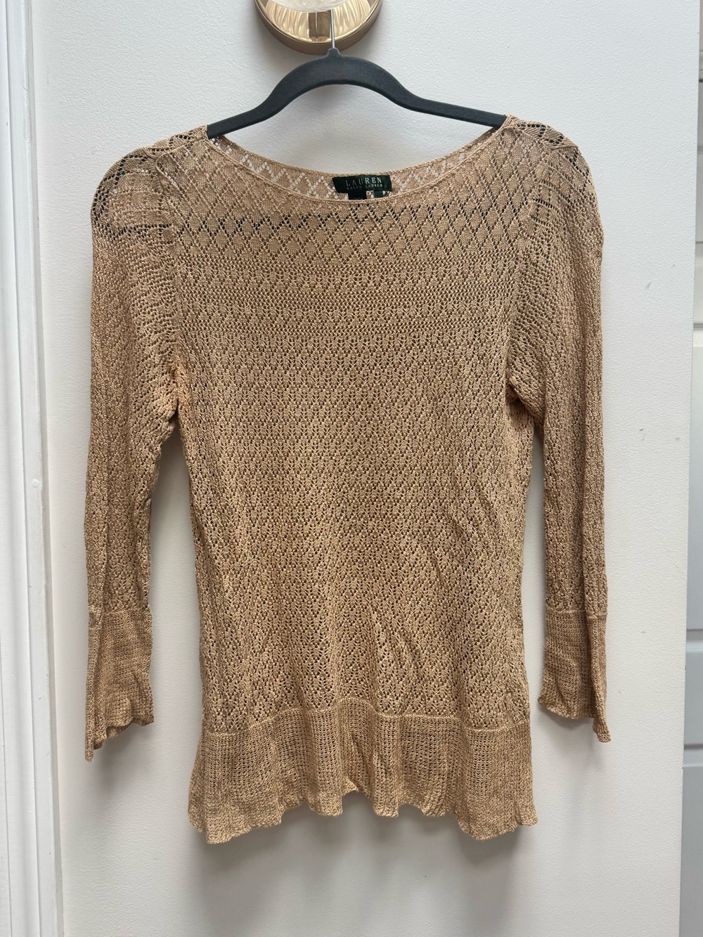 Lauren Ralph Lauren 100% Linen Beige Gold Openwork Long Sleeve Knit Top